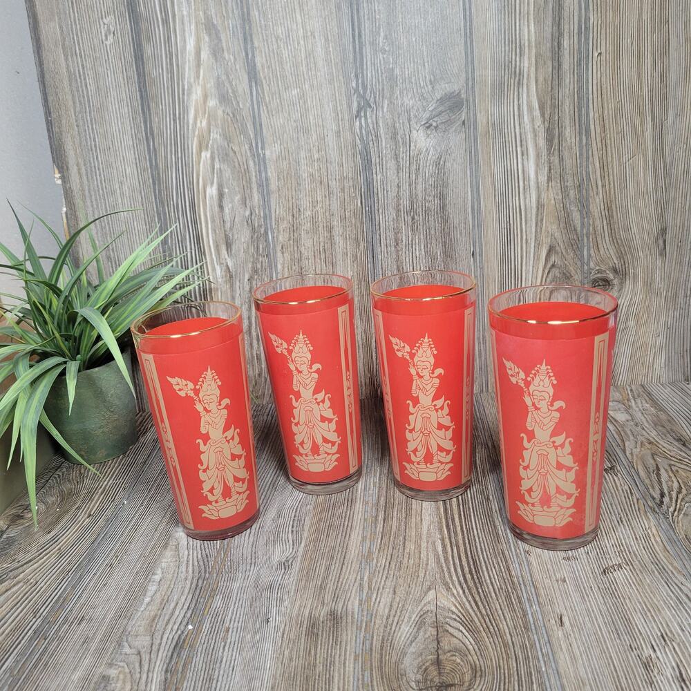 Vintage Culver Glass Thai Goddess Red Gold Highball Tumbler Set MCM Barware 4